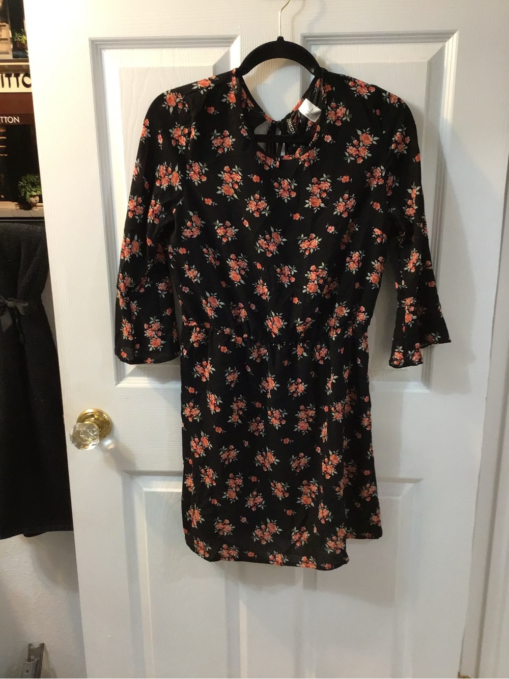 H&M Black Long Sleeve Floral Mini Dress with Coral Blooms